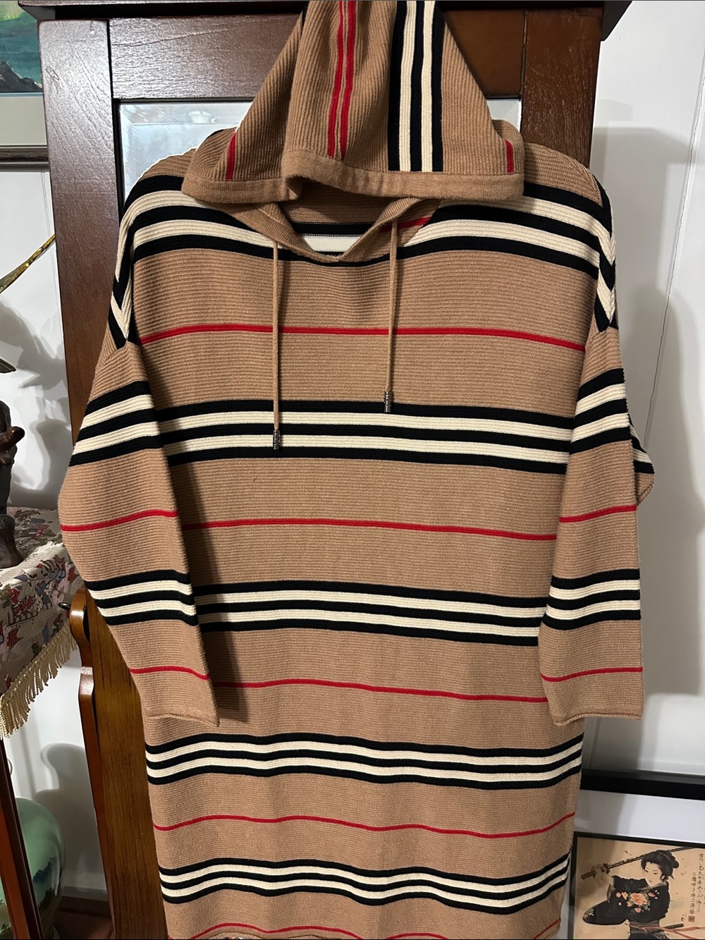 Outstanding Men's Hoodie Stripe Sweater - Camel with Black, White & Red Stripes
